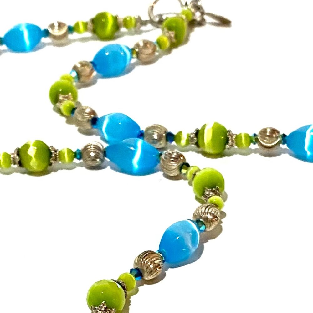 Handmade Blue and Green Cats Eye Sterling Silver 22 Inch Artisan Beaded Necklace - Picture 10 of 11